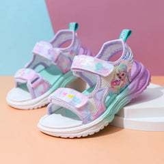 Disney Children Shoes Summer New Elsa Girls Mesh Beach Sandals Fashion Ins Frozen Princess Soft Bottom Light Sandals Size 26-37