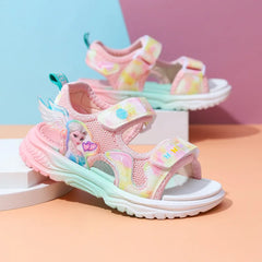 Disney Children Shoes Summer New Elsa Girls Mesh Beach Sandals Fashion Ins Frozen Princess Soft Bottom Light Sandals Size 26-37