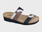 Women's Frankie Silver Mirror Leather Gloss Black Stretch Khaki Patina Elastic Sandal