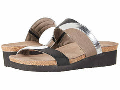 Women's Frankie Silver Mirror Leather Gloss Black Stretch Khaki Patina Elastic Sandal