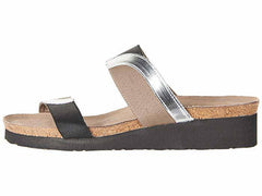 Women's Frankie Silver Mirror Leather Gloss Black Stretch Khaki Patina Elastic Sandal